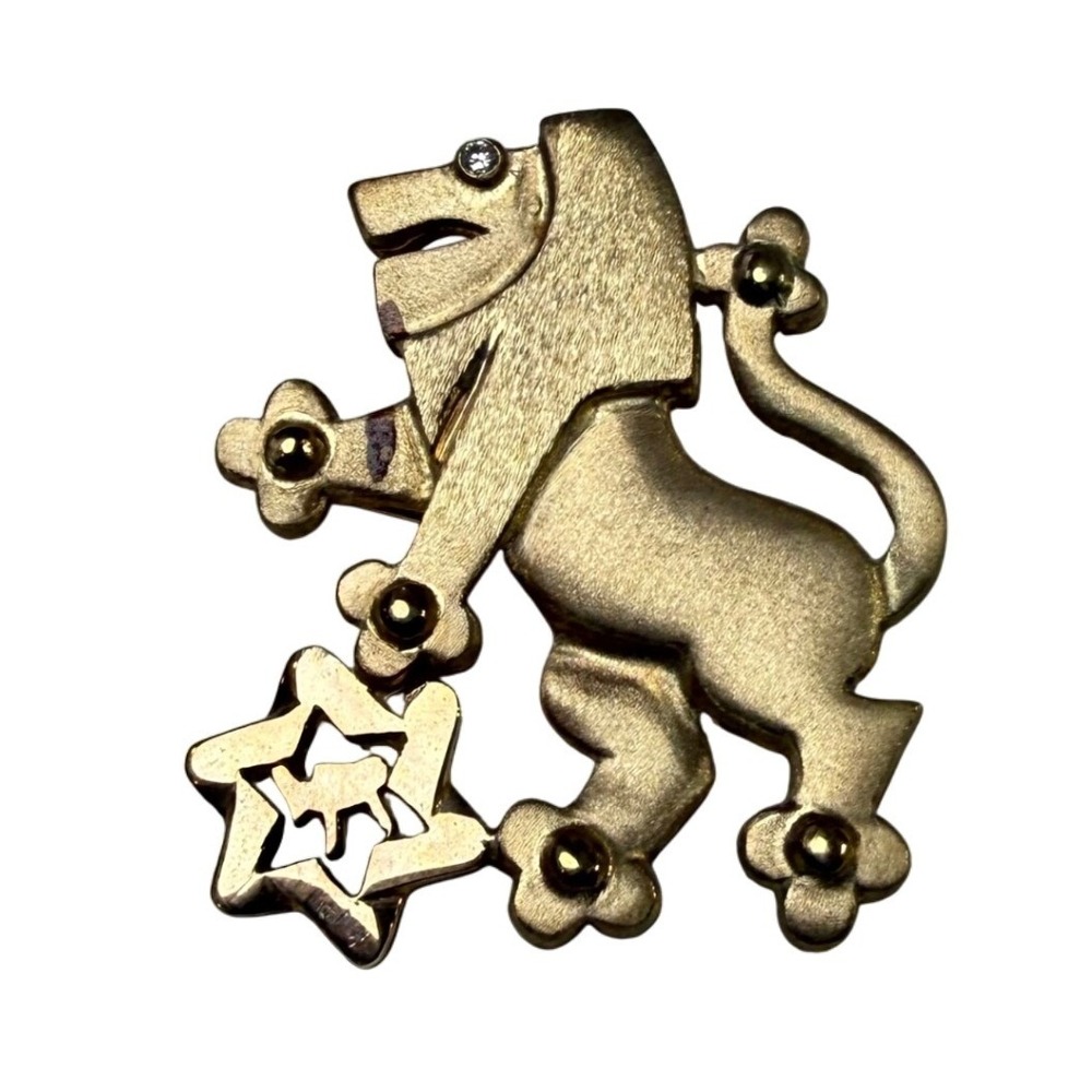 Vintage 14K Gold Sterling Lion of Judah Brooch Star of David Diamond 1998